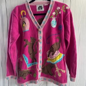 Vintage Cardigan Sweater Small Storybook Knits Cat Pink Kittens Birdcage (READ)